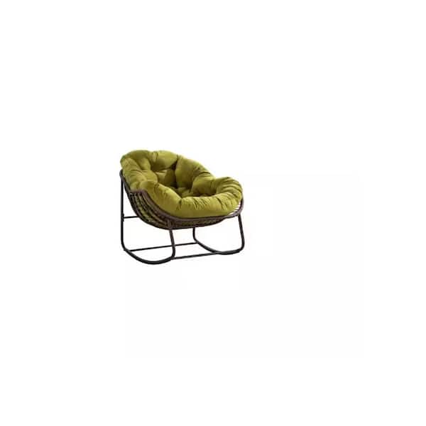 Tenleaf Dark Brown Metal Outdoor Rocking Chair with Olive Cushion