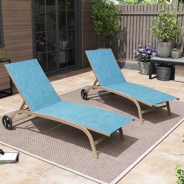 Pellebant 2-Piece Khaki Aluminum Outdoor Chaise Lounge with Wheel in Blue