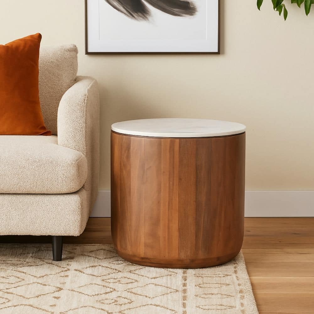 Yari 22 in. Brown Mango Wood Round White Marble Top Side End Table price history on PriceWatchPro