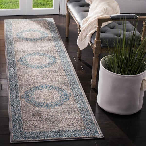 Sofia Light Gray/Blue 2 ft. x 22 ft. Border Runner Rug