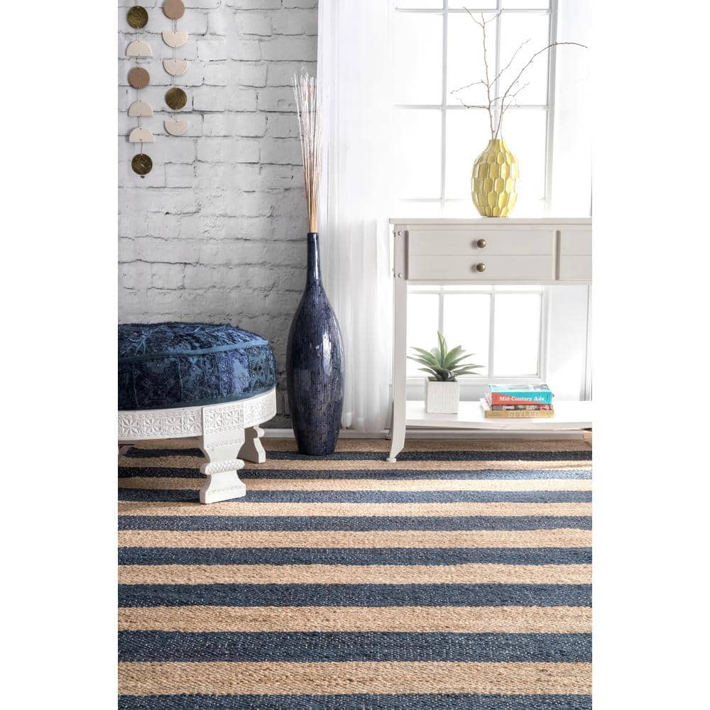 Denim Blue Striped Reversible Flat Woven Jute Runner Rug, 2' 6" x 8'