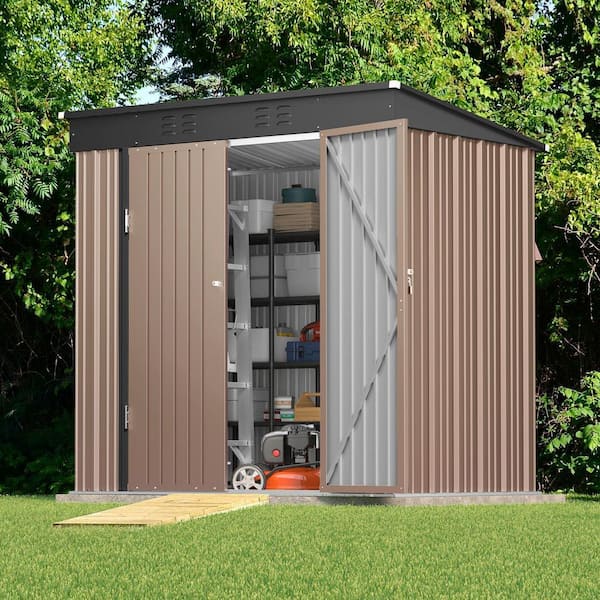 6 ft. W x 4 ft. D（25.3 sq. ft. ） Outdoor Metal Storage Shed with Double Lockable Doors, Brown