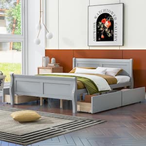 Gray Wood Frame Queen Size Platform Bed with 4 Storage Drawers on Each Side and Additional Slats Support Legs