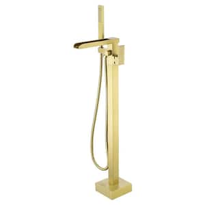 Single-Handle Freestanding Floor Mount Roman Tub Faucet Bathtub Filler with Hand Shower in Brushed Brass