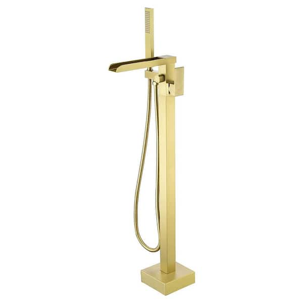 UKISHIRO Single-Handle Freestanding Floor Mount Roman Tub Faucet Bathtub Filler with Hand Shower in Brushed Brass