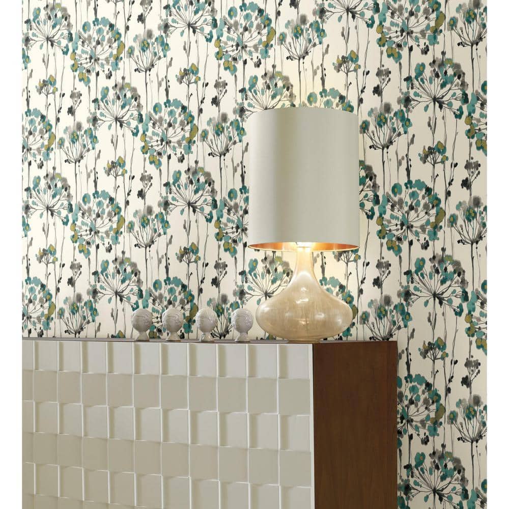 Turquoise and Gray Floral Peel and Stick Wallpaper