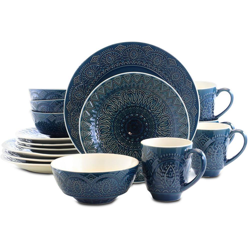 Navy Blue Embossed Ceramic 16-Piece Dinnerware Set