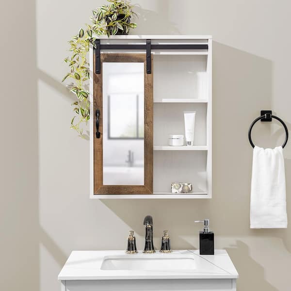 Brushed White/Rustic Oak Wood Farmhouse Wall Storage Cabinet with Sliding Mirror Door
