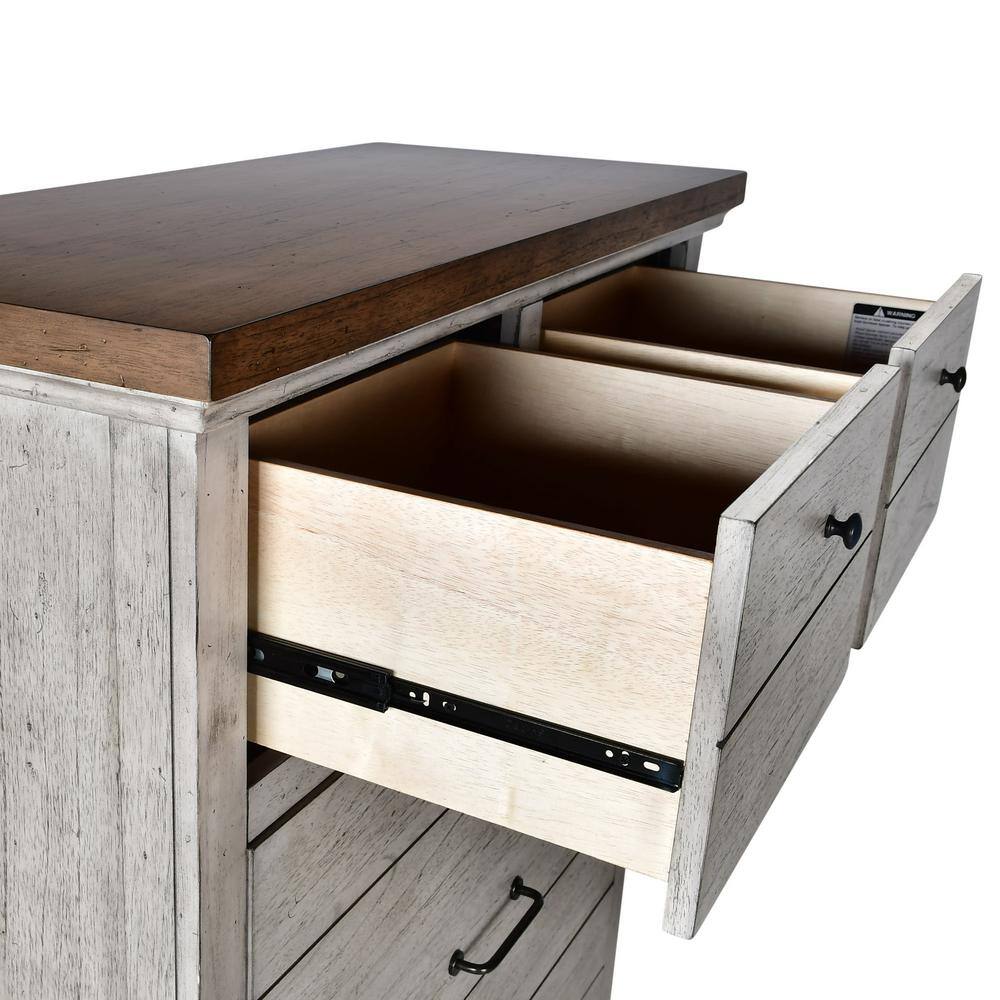 Rustic Ivory Farmhouse Chest with Honey-Stained Top and Deep Drawers