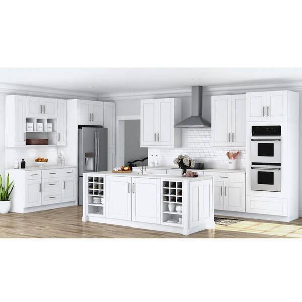 Hampton Bay Shaker Satin White Stock Assembled Wall Kitchen Cabinet 27 In X 36 In X 12 In Kw2736 Ssw The Home Depot