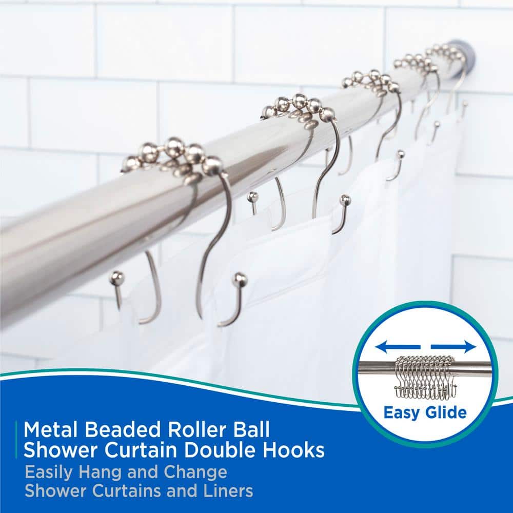 Brushed Nickel Beaded Double Shower Curtain Hooks Set of 12