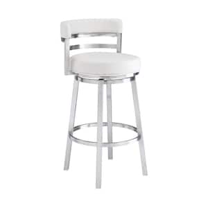 Madrid Contemporary 26 in. Counter Height Bar Stool in Brushed Stainless Steel and White Faux Leather