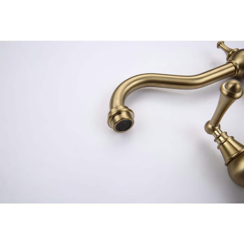 Brushed Gold Double Handle High-Arc Wall Mount Kitchen Faucet