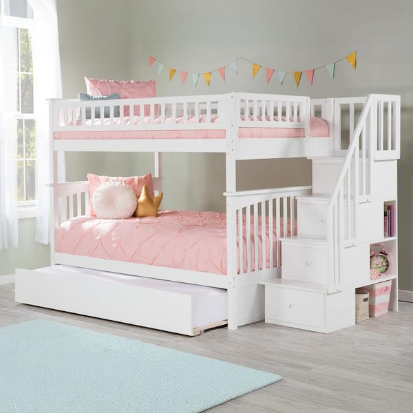 Columbia Staircase Bunk Bed Full over Full with Full Size Urban Trundle Bed in White