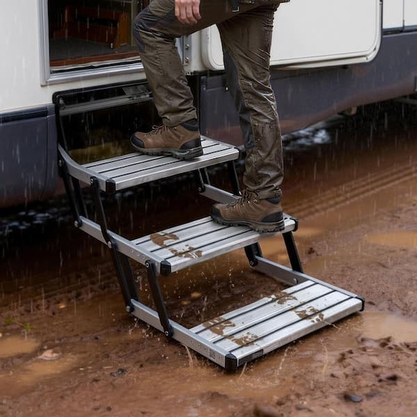 Manual 3-Step Retractable RV Stairs, 440 lbs. Capacity, Folding Aluminum Alloy Camper Steps with Steel Frame