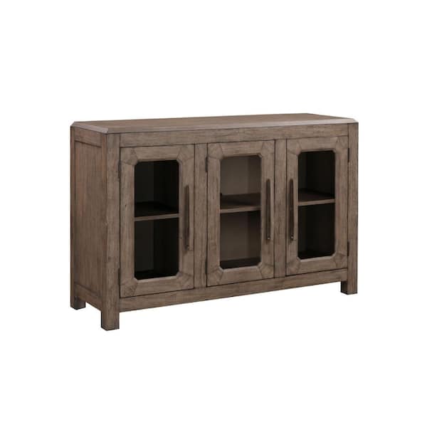 Benjara Brown Wood Top 54 in. Sideboard with 3 Glass-Doors