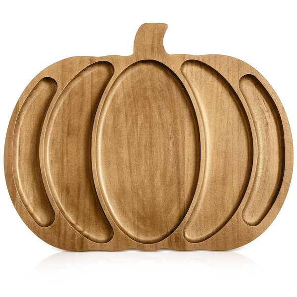 15 in. Pumpkin Walnut Pine Wood Serving Board with 3 Sections for Thanksgiving and Fall Entertaining