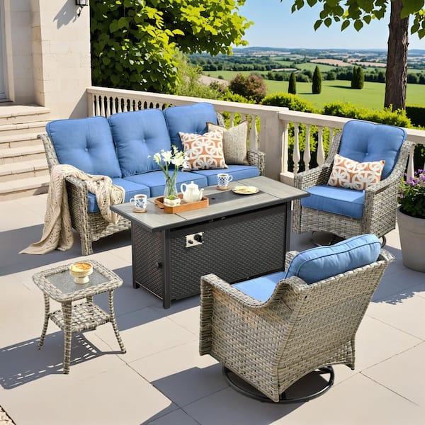 Blanche 5-Piece Wicker Patio Rectangular Fire Pit Set with Light Blue Cushions and Swivel Rocking Chairs