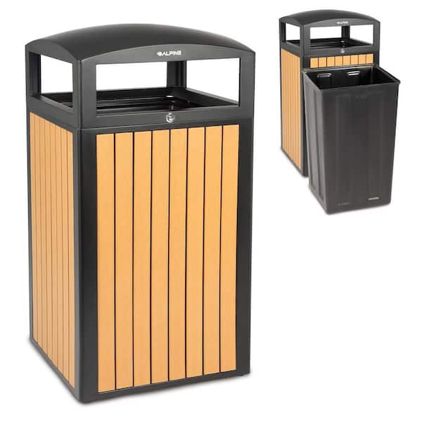 40 Gal. Cedar Panel Steel All-Weather Outdoor Commercial Trash Can Receptacle with Lid and Liner