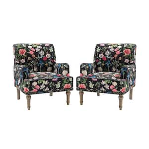 Latina Black Floral Patterns Armchair with Nailhead Trim and Turned Solid Wood Legs Set of 2