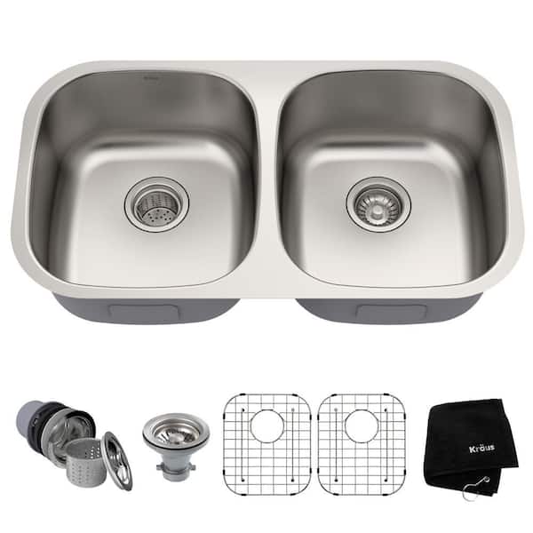 KRAUS Premier Undermount Stainless Steel 32 in. 50/50 Double Bowl Kitchen Sink
