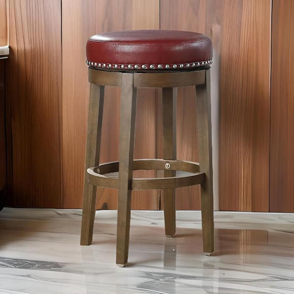 Benjara 30.5 in. Red and Brown Backless Wood Frame Bar Stool with Faux Leather Seat (Set of 2)