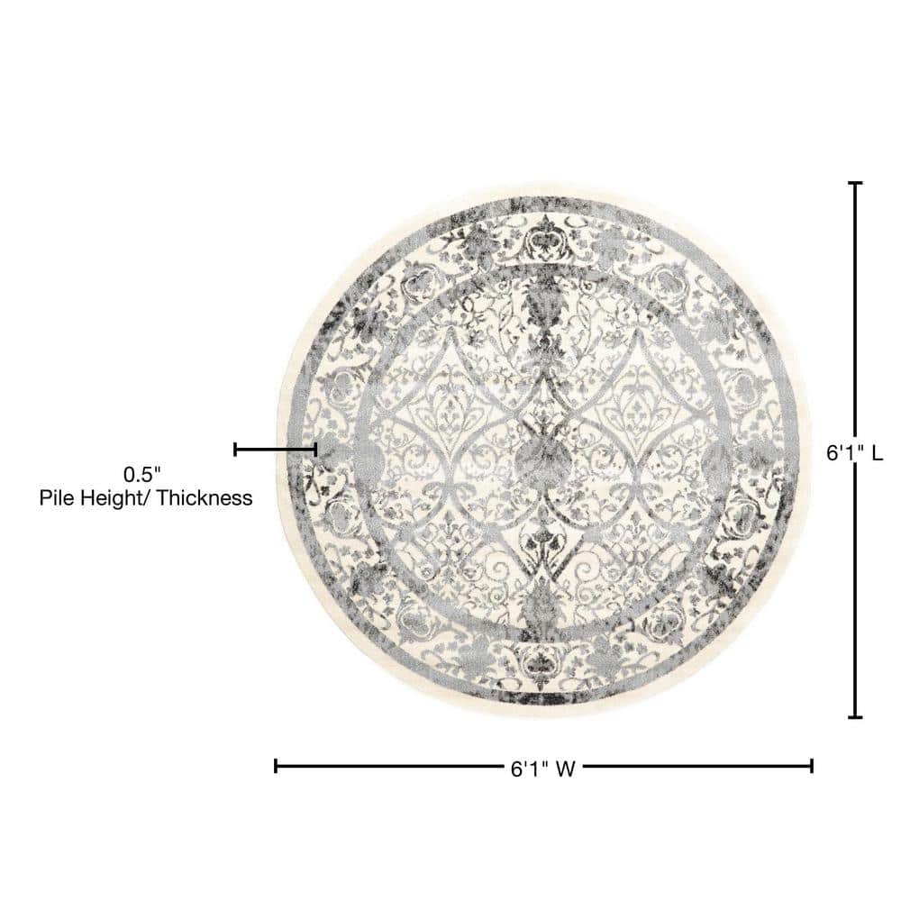 Miranda Ivory and Gray Round Synthetic Easy-Care Rug, 6' Diameter