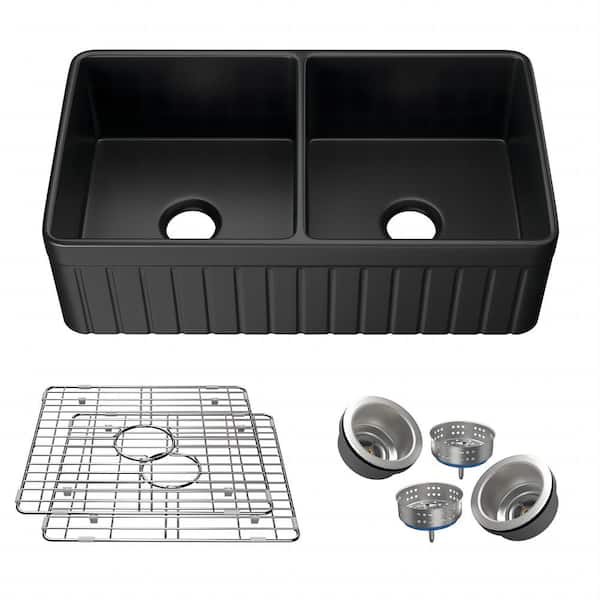 Farmhouse 33 in. Apron Front Kitchen Sink Double Bowl Matte Black Fireclay Sink with Bottom Grids and Drain Barn Sink