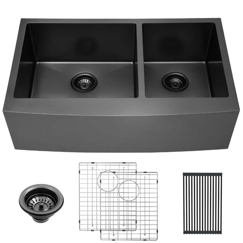 Gunmetal Black 16-Gauge Stainless Steel 33 in. Double Bowl 60/40 Round Angle Farmhouse Apron Kitchen Sink -  Logmey, H-LAB3321R2-64