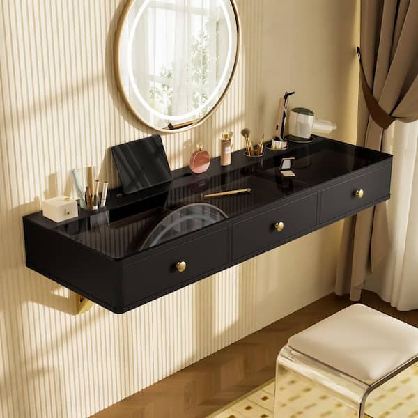 Harper & Bright Designs Black Wall-Mounted Makeup Vanity Table with Drawers, Glass Top, Tabletop Embedded Storage(Mirror, Stool Not Included)