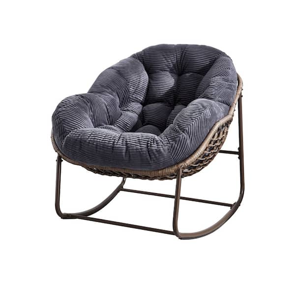 Sudzendf Brown Wicker Outdoor Rocking Chair with Gray Cushions