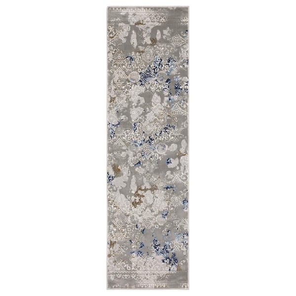AVERLEY HOME Emory Gray/Blue 2 ft. x 8 ft. Distressed Abstract Oriental Polypropylene Polyester Blend Indoor Runner Area Rug