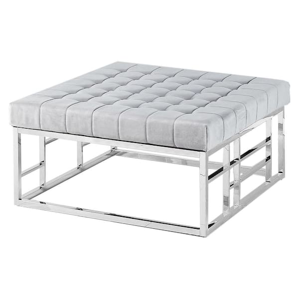 Best Master Furniture Ratna Tufted Grey/Silver Velvet Square Ottoman