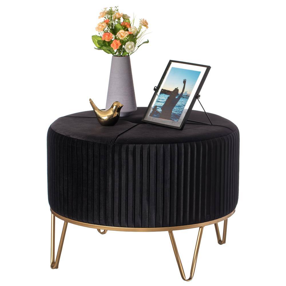 Large Round Black Velvet Ottoman with Gold Hairpin Legs