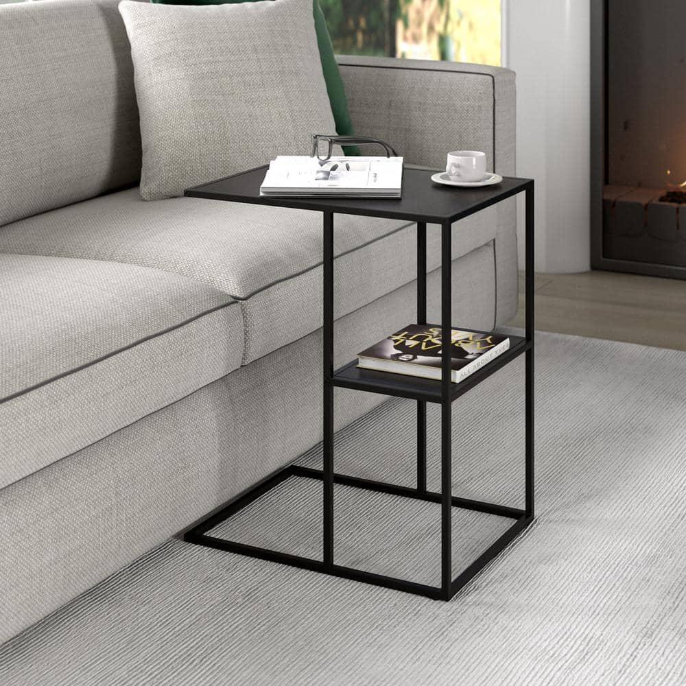 Modern Gunmetal Gray Metal C-Shaped Side Table with Staggered Shelves