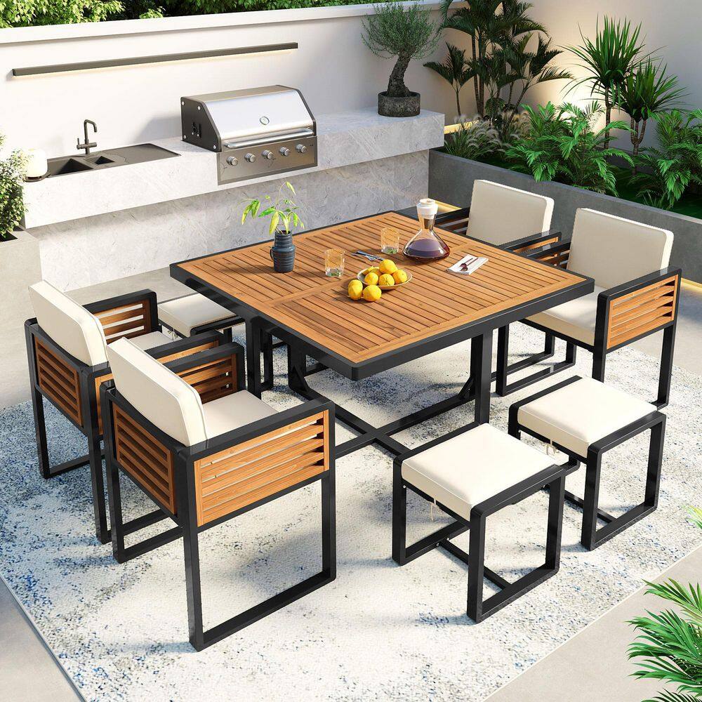 9-Piece Acacia Wood Outdoor Dining Set with 4-Beige Cushions and 4-Ottomans for Backyard, Garden price history on PriceWatchPro
