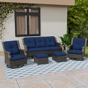 5-Piece Wicker Extra-Wide Arm Outdoor Patio Conversation Sofa Set with Blue Cushions