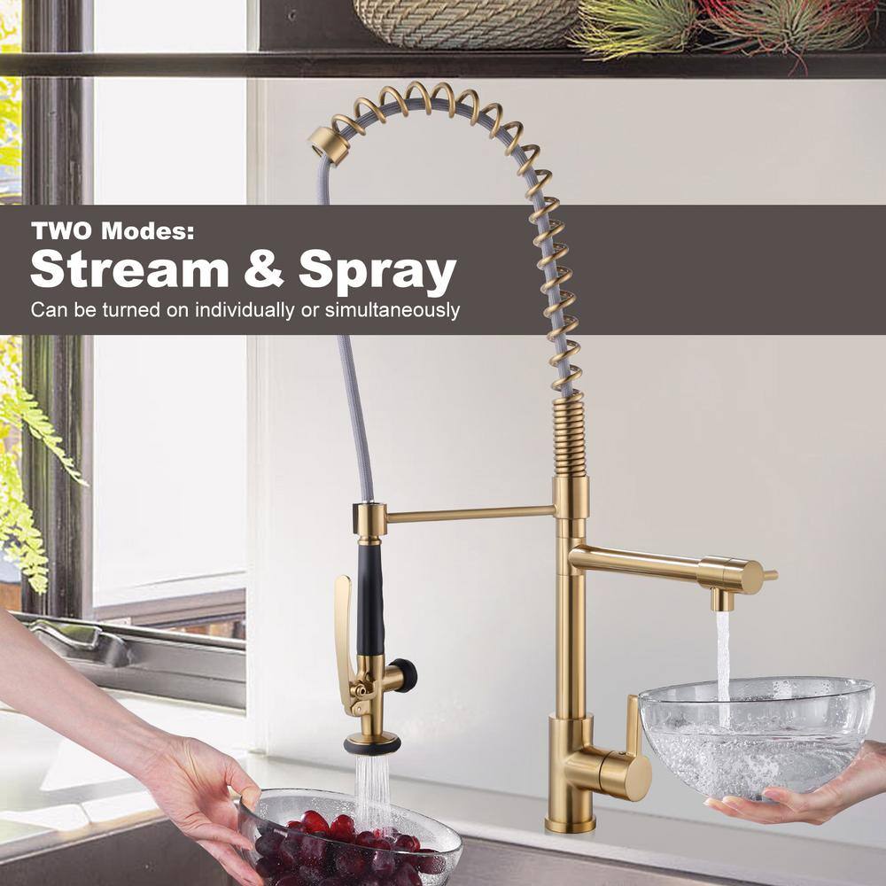 Gold Deck Mounted Double Handle Pull Down Sprayer Kitchen Faucet