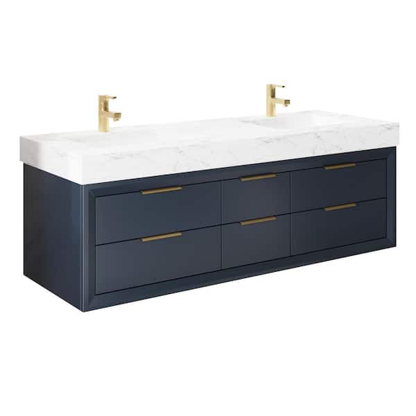 ExBrite MarbleLux 60 in. W x 20.8 in. D x 21.2 in. H Wall Mounted Bathroom Vanity with Double Sink in Blue with White Marble Top