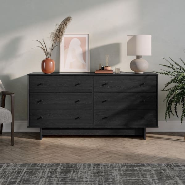 Finnley Black Oak 6 Drawer Dresser 61 in. Wide Chest of Drawers, Dresser for Bedroom, Chest of Drawers for Bedroom
