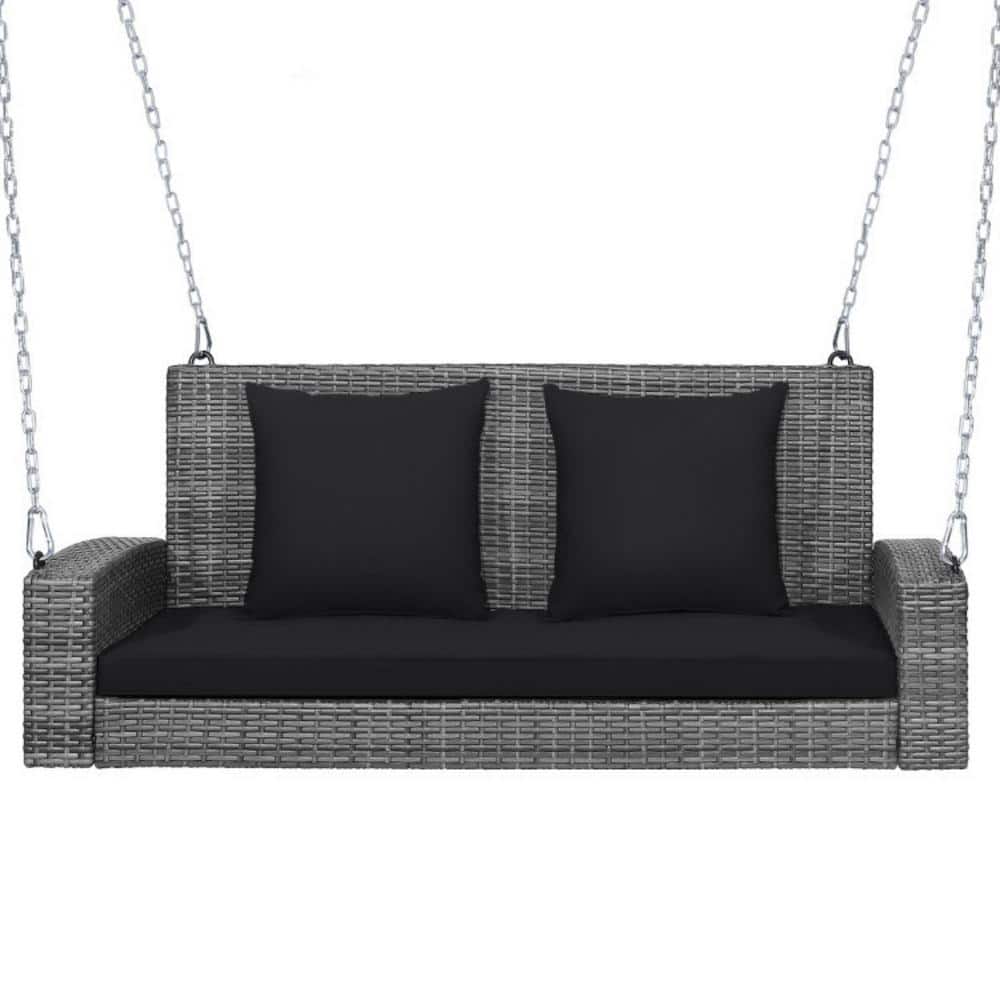 2-Person Patio PE Wicker Hanging Porch Swing Bench Chair with Black Cushion