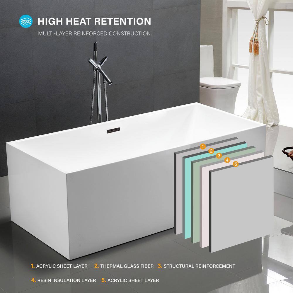 White Acrylic 59" Freestanding Soaking Bathtub