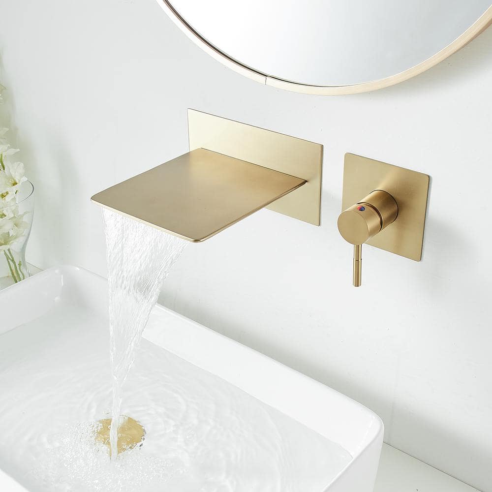 Brushed Gold Wall-Mount Single-Handle Bathroom Faucet with Shelf