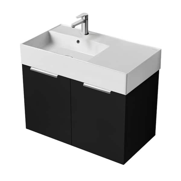 Derin 31.9 in. W x 17.3 in. D x 25.2 in. H Modern Bathroom Vanity in Matte Black With White Ceramic Top