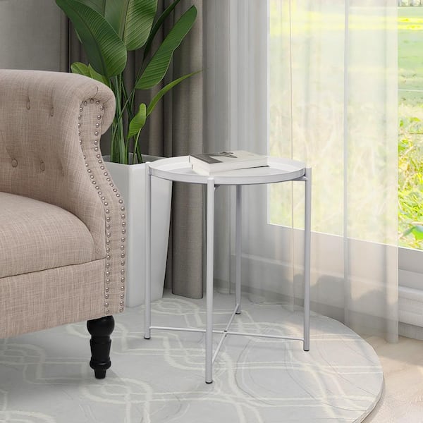 Maypex 20.5 in. H x Dia 17.7 in. White Round Metal Tray Top End Table with Cross Legs