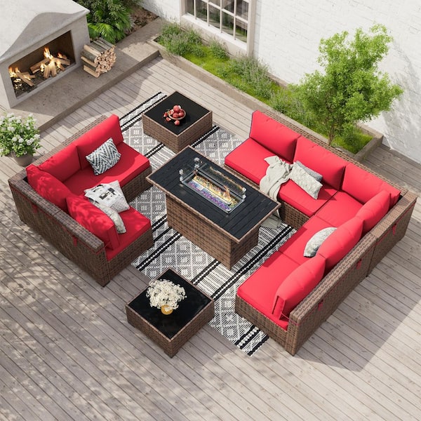 Poteban 8-Person Brown Wicker Outdoor Sectional Set with Fire Pit Table, 2 Coffee Tables and Cushions