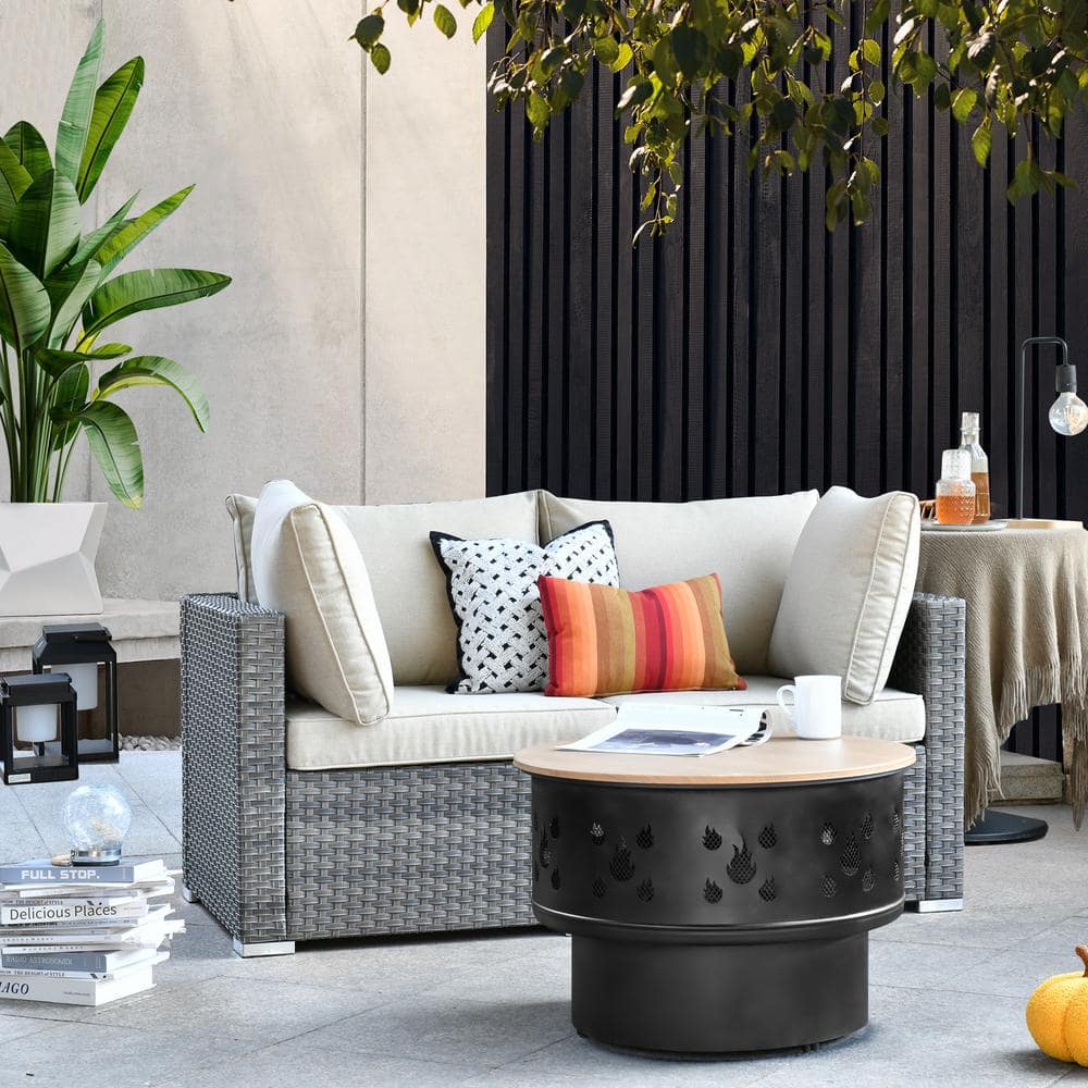 Daffodil Q Gray 3-Piece Wicker Patio Wood Burning Fire Pit Conversation Sofa Set with Beige Cushions price history on PriceWatchPro