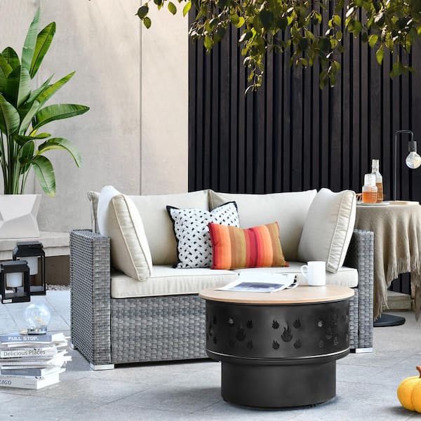 weaxty W Daffodil Q Gray 3-Piece Wicker Patio Wood Burning Fire Pit Conversation Sofa Set with Beige Cushions