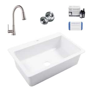 Jackson 33 in. 1-Hole Drop-In Single Bowl Crisp White Fireclay Kitchen Sink with Pfirst Faucet Kit