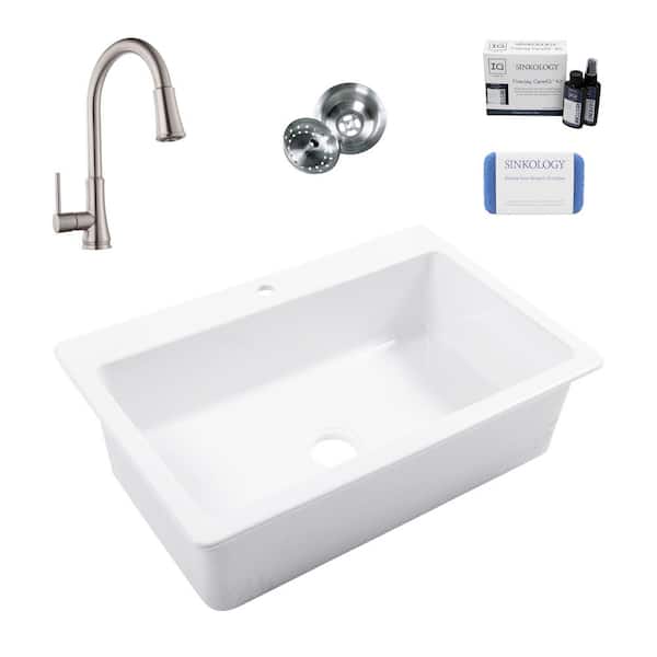 SINKOLOGY Jackson 33 in. 1-Hole Drop-In Single Bowl Crisp White Fireclay Kitchen Sink with Pfirst Faucet Kit